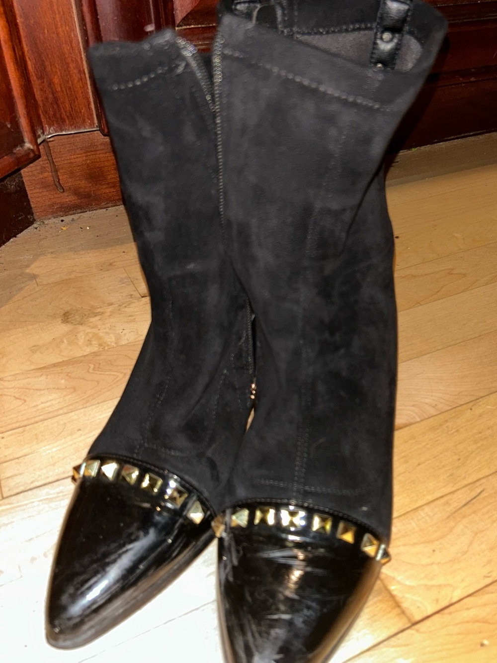 Black Suede Ankle Boots with Studded Patent Toe